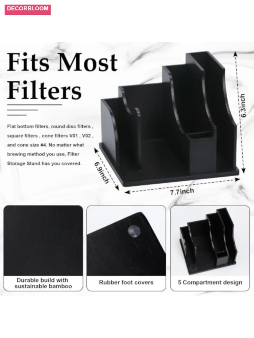 Bamboo Coffee Filter Storage Stand with 5 Compartments, V60 Filter Holder for